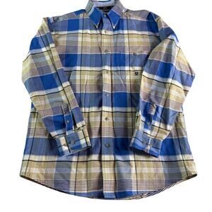 20X Men’s Plaid Button Down Shirt Size L Blue Tan Western Casual 100% Cotton